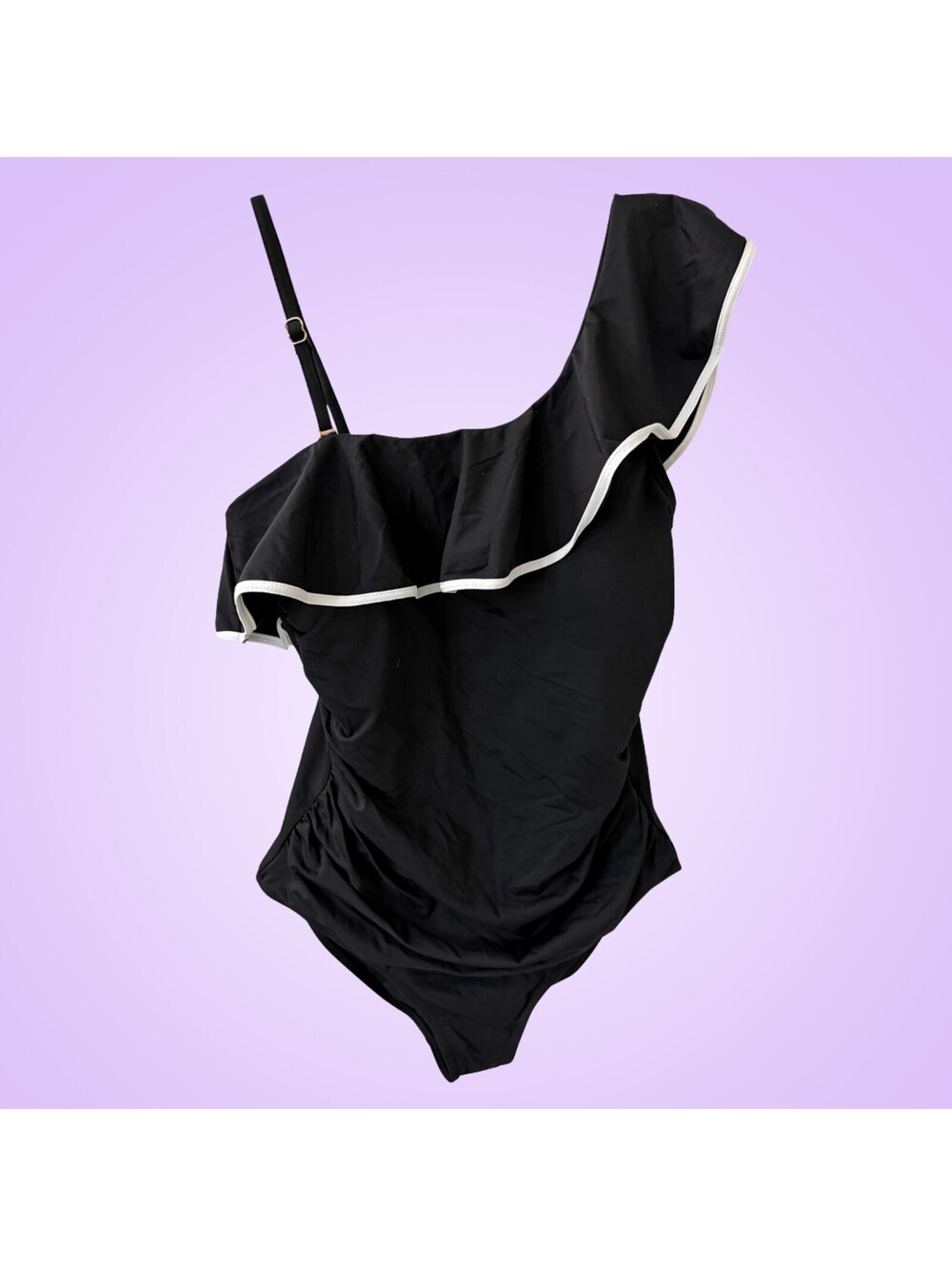 Tempt Me Womens Medium Black White One Shoulder Ruffle Tummy Control Swimsuit